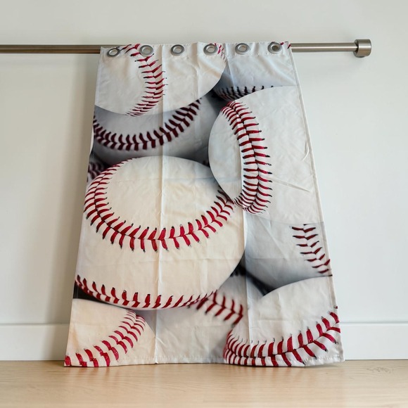 Other - Baseball Sports Theme Grommet Window Curtain Panels (2) White Red All Over Print